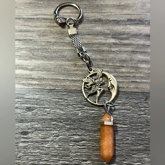 Silver-Tone Fairy & Crescent Moon Pendant Necklace with Orange Stone - fairycore - Picture 1 of 5